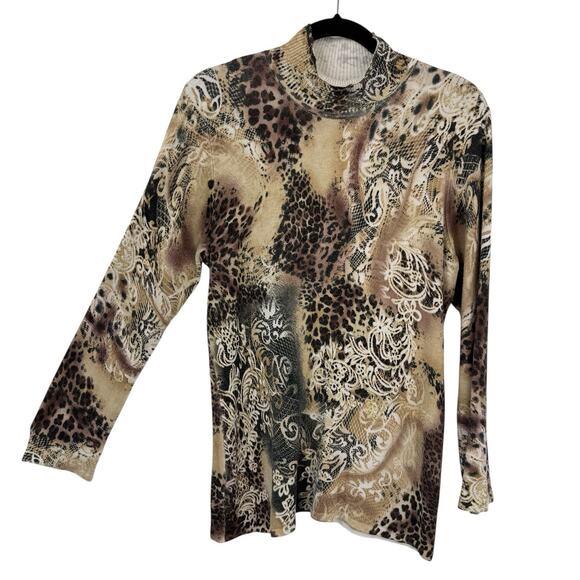 Cache animal artsy pattern knit high neck top size large Brown Gold Long Sleeve - Picture 1 of 11